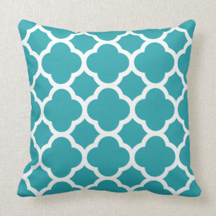 Teal and White Quatrefoil Pattern Throw Pillow