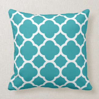 Teal and White Quatrefoil Pattern Throw Pillow