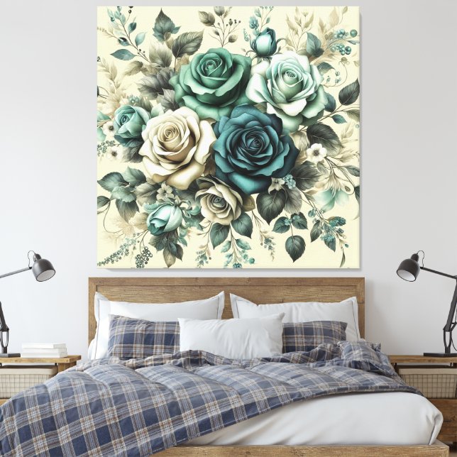 Teal and White Roses Canvas Print (Insitu(Bedroom))