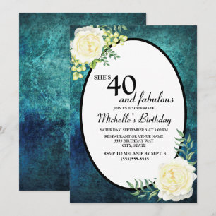 Teal and White Roses Grapes 40th Birthday Invitation