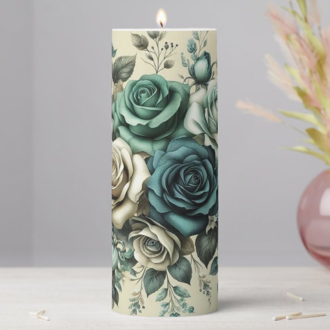 Teal and White Roses Pillar Candle (In Situ)