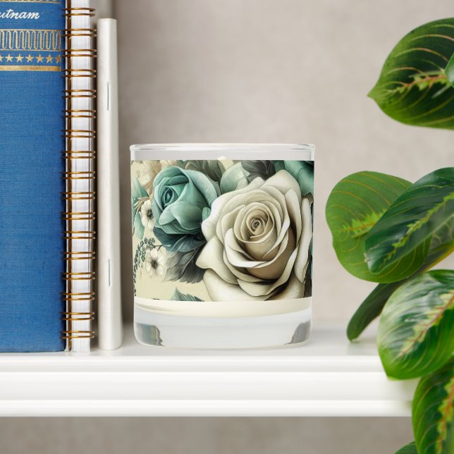 Teal and White Roses Scented Candle (Shelf)