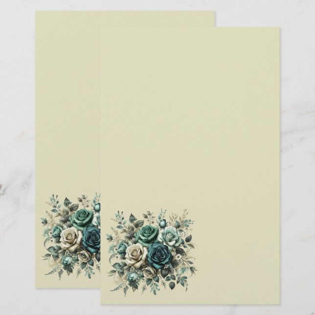 Teal and White Roses Stationery (Front/Back)