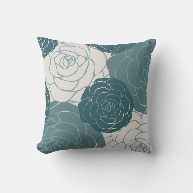 Teal and White Roses Throw Pillow (Front)