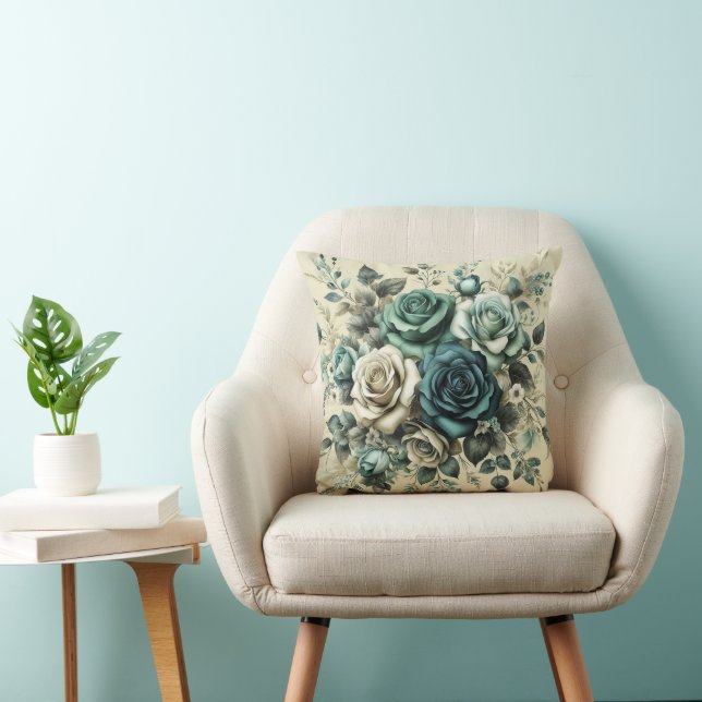 Teal and White Roses Throw Pillow (Chair)