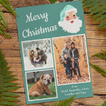 Teal and White Santa Claus Photo Collage Christmas Holiday Card<br><div class="desc">This fun and festive photo holiday card is ready to be customized with three of your own photos and your own from message and features a teal and white colors scheme with a retro style Santa Claus graphic alongside the message "Merry Christmas" in white script lettering.</div>