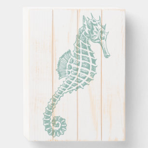 Teal and White Sea Horse Wooden Box Sign