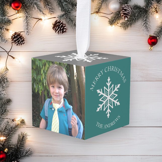 Teal and White Snowflake Christmas Photo Cube Ornament (Creator Uploaded)