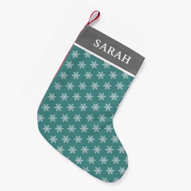 Teal and White Snowflakes Small Christmas Stocking (Front (Hanging))