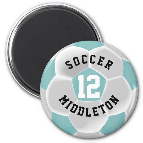 Teal and White Soccer Sport Ball Magnet