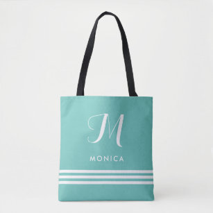 Teal and White Sophisticated Stripes and Monogram Tote Bag