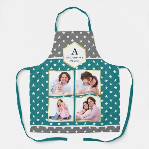 Teal and White Stars Pattern Photo Collage Apron