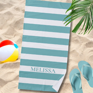  Teal And White Striped Name Cabana Stripe  Beach Towel