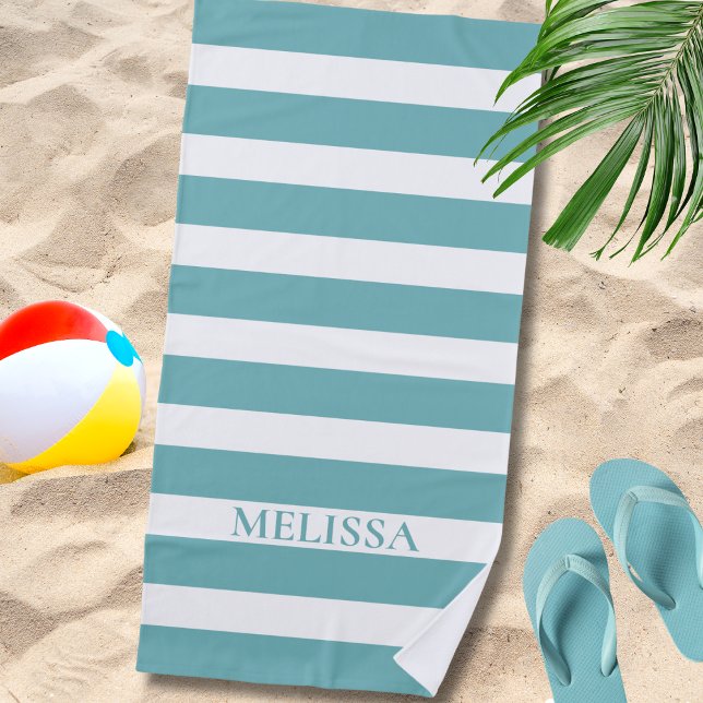  Teal And White Striped Name Cabana Stripe  Beach Towel (Creator Uploaded)