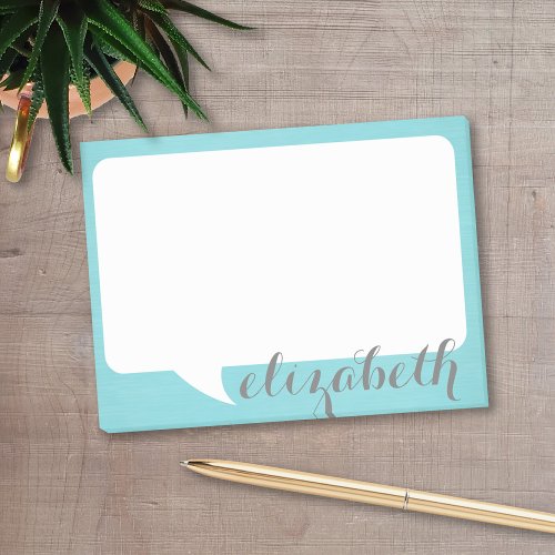 Teal and White Talk Bubble with script Name Post_it Notes