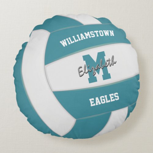 teal and white team colors girls boys volleyball round pillow