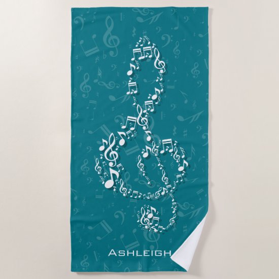 Teal and White Treble Clef Music Notes Beach Towel