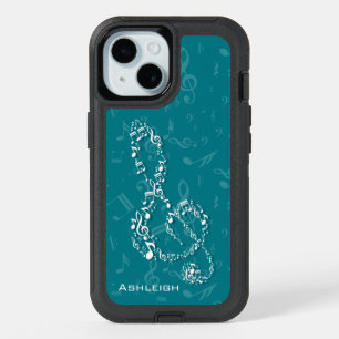 Teal and White Treble Clef Music Notes iPhone 15 Case