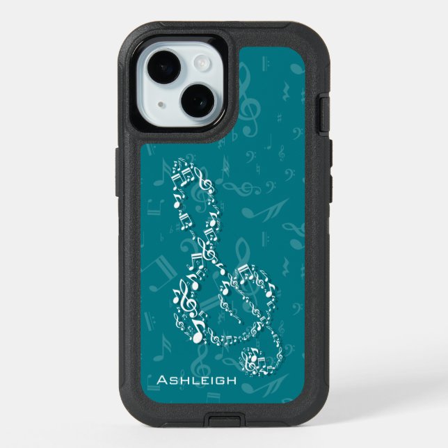 Teal and White Treble Clef Music Notes iPhone 15 Case (Back)