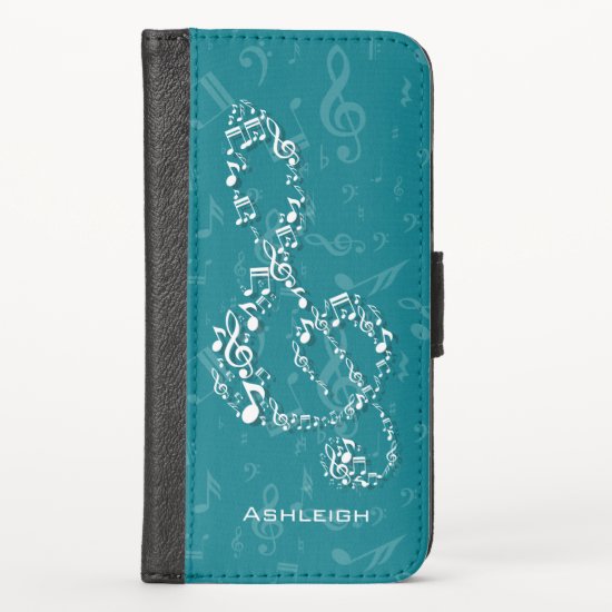 Teal and White Treble Clef Music Notes iPhone XS Wallet Case