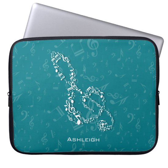 Teal and White Treble Clef Music Notes Laptop Sleeve