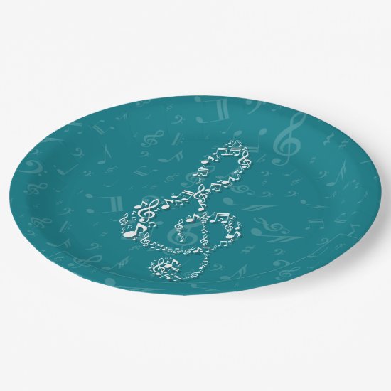Teal and White Treble Clef Music Notes Paper Plate