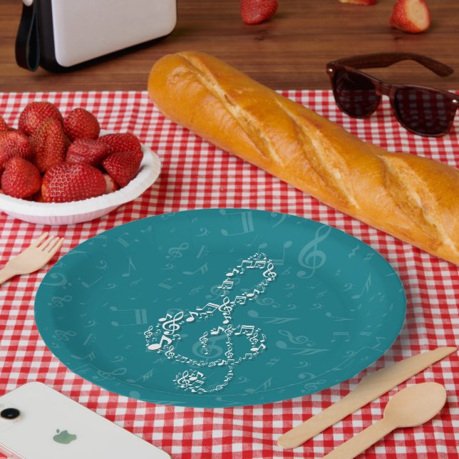 Teal and White Treble Clef Music Notes Paper Plates (Picnic)