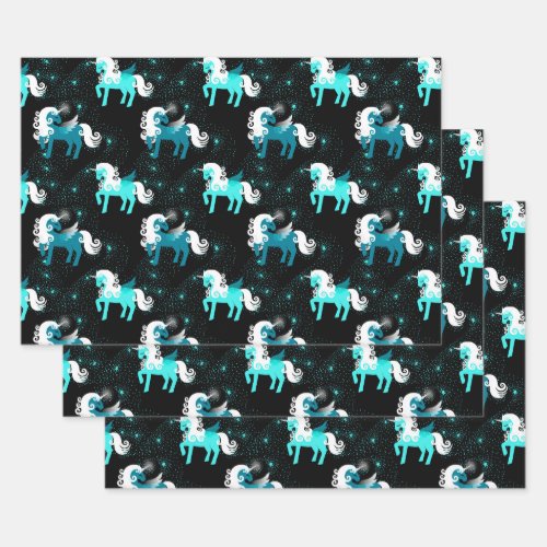 Teal and White Unicorns on Black Wrapping Paper Sheets