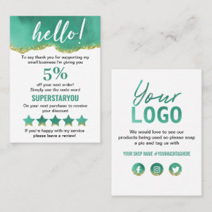 Teal And White With Gold Glitter Thank You Logo Business Card
