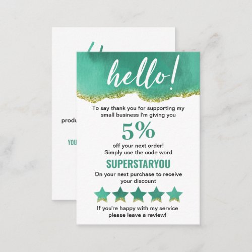 Teal And White With Gold Glitter Thank You Logo Business Card