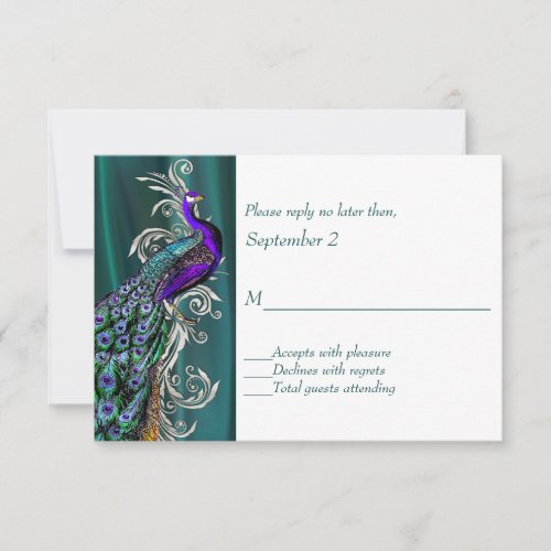 Teal and White With Peacock Wedding RSVP Card