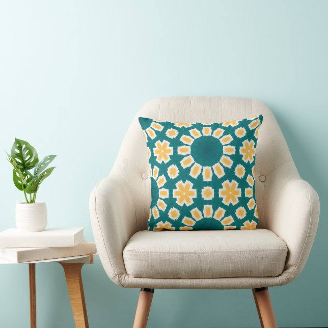 Teal and Yellow Floral Geometric  Throw Pillow (Chair)