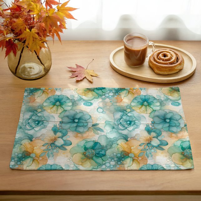 Teal and Yellow Flowers Alcohol Ink Illustration Cloth Placemat (Creator Uploaded)