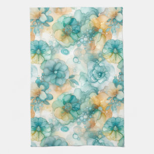 Teal and Yellow Flowers Alcohol Ink Illustration  Kitchen Towel