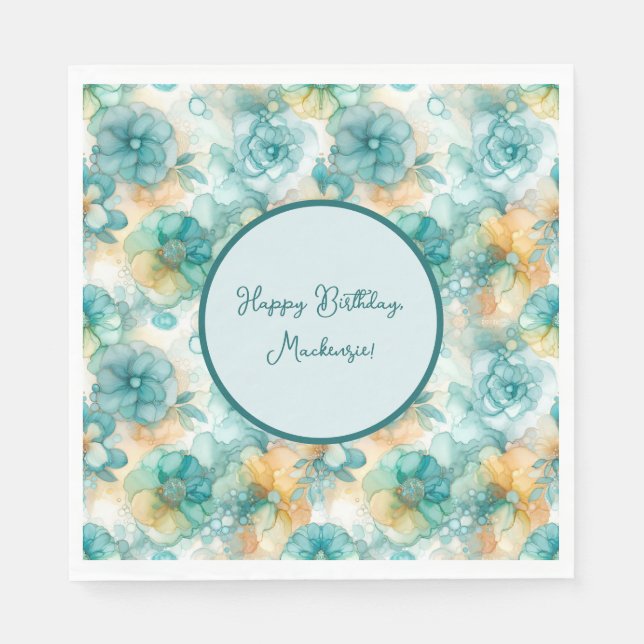 Teal and Yellow Flowers Alcohol Ink Illustration Napkins (Front)