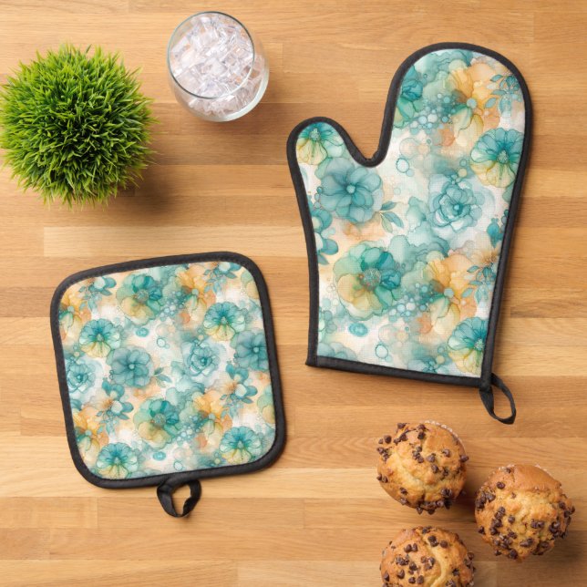 Teal and Yellow Flowers Alcohol Ink Illustration  Oven Mitt & Pot Holder Set (Top Down)