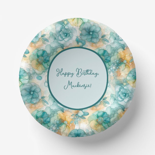 Teal and Yellow Flowers Alcohol Ink Illustration  Paper Bowls (Front)