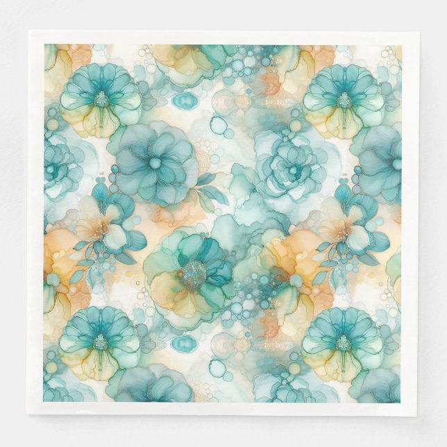 Teal and Yellow Flowers Alcohol Ink Illustration  Paper Dinner Napkins (Front)