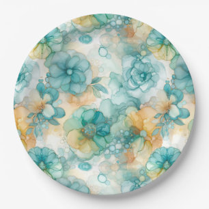 Teal and Yellow Flowers Alcohol Ink Illustration Paper Plates