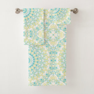 Teal and Yellow Geometric Mandala Pattern Bath Towel Set