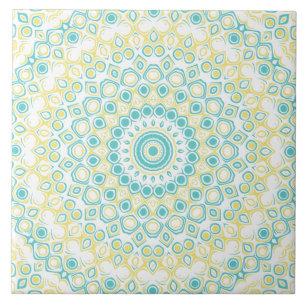Teal and Yellow Geometric Mandala Pattern Ceramic Tile