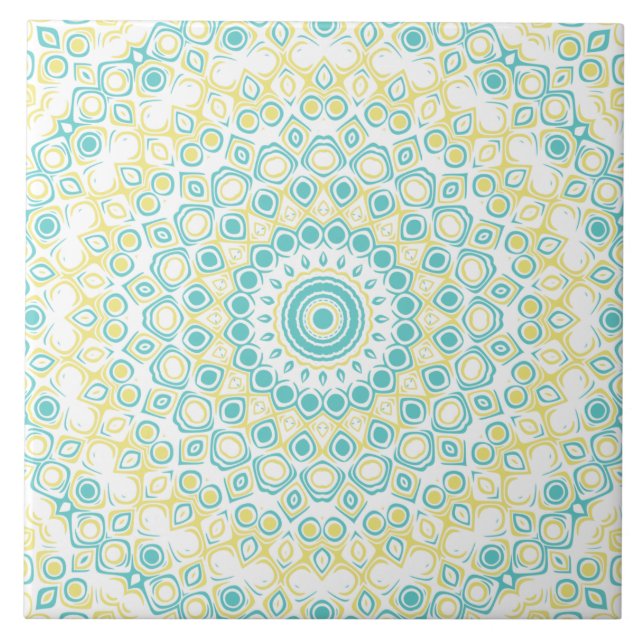 Teal and Yellow Geometric Mandala Pattern Ceramic Tile (Front)
