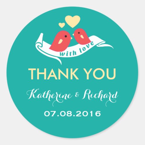 Teal and Yellow Lovebirds Wedding Favor Sticker