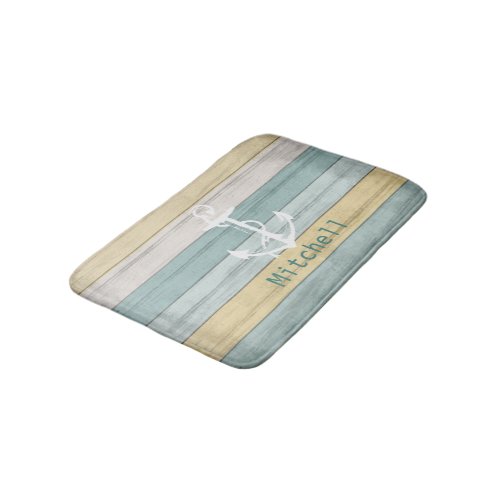 Teal and Yellow Nautical Wood with Anchor Bath Mat