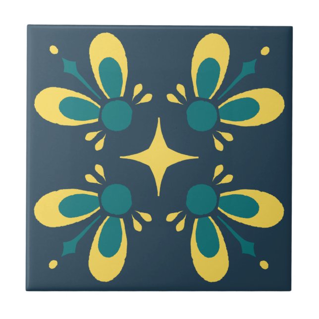 Teal and yellow on Blue Intricate Floral pattern C Ceramic Tile (Front)