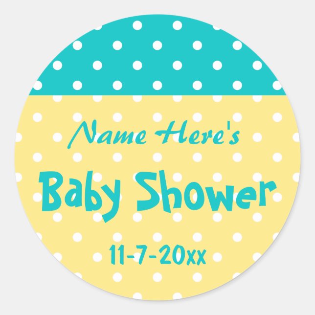 Teal and Yellow Polka Dot, Custom Baby Shower Classic Round Sticker (Front)