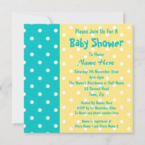 Teal and Yellow Polka Dot, Custom Baby Shower Invites