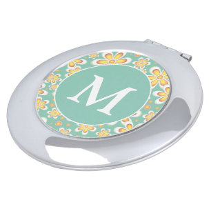 Teal and Yellow Spring Flower Pattern Monogram Compact Mirror
