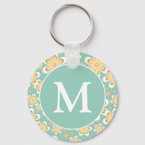 Teal and Yellow Spring Flower Pattern Monogram Keychain