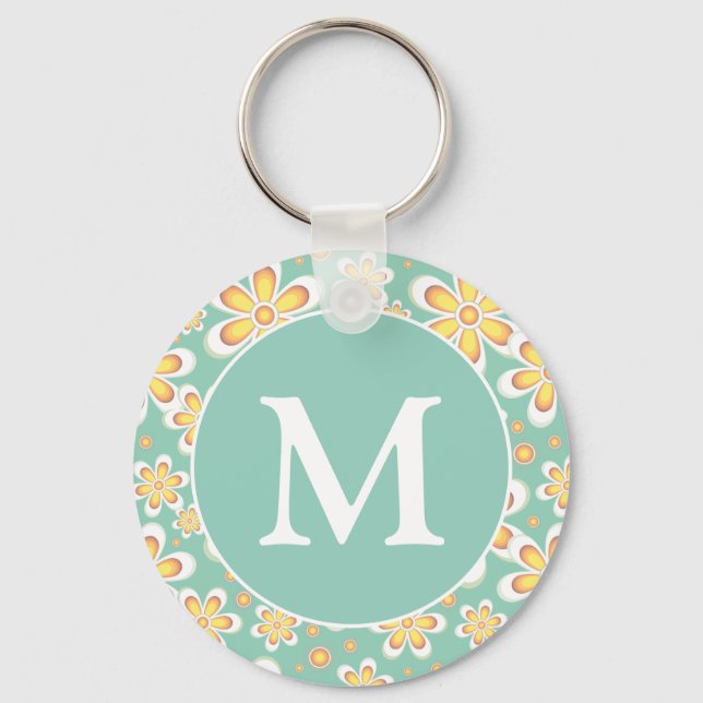 Teal and Yellow Spring Flower Pattern Monogram Keychain (Front)